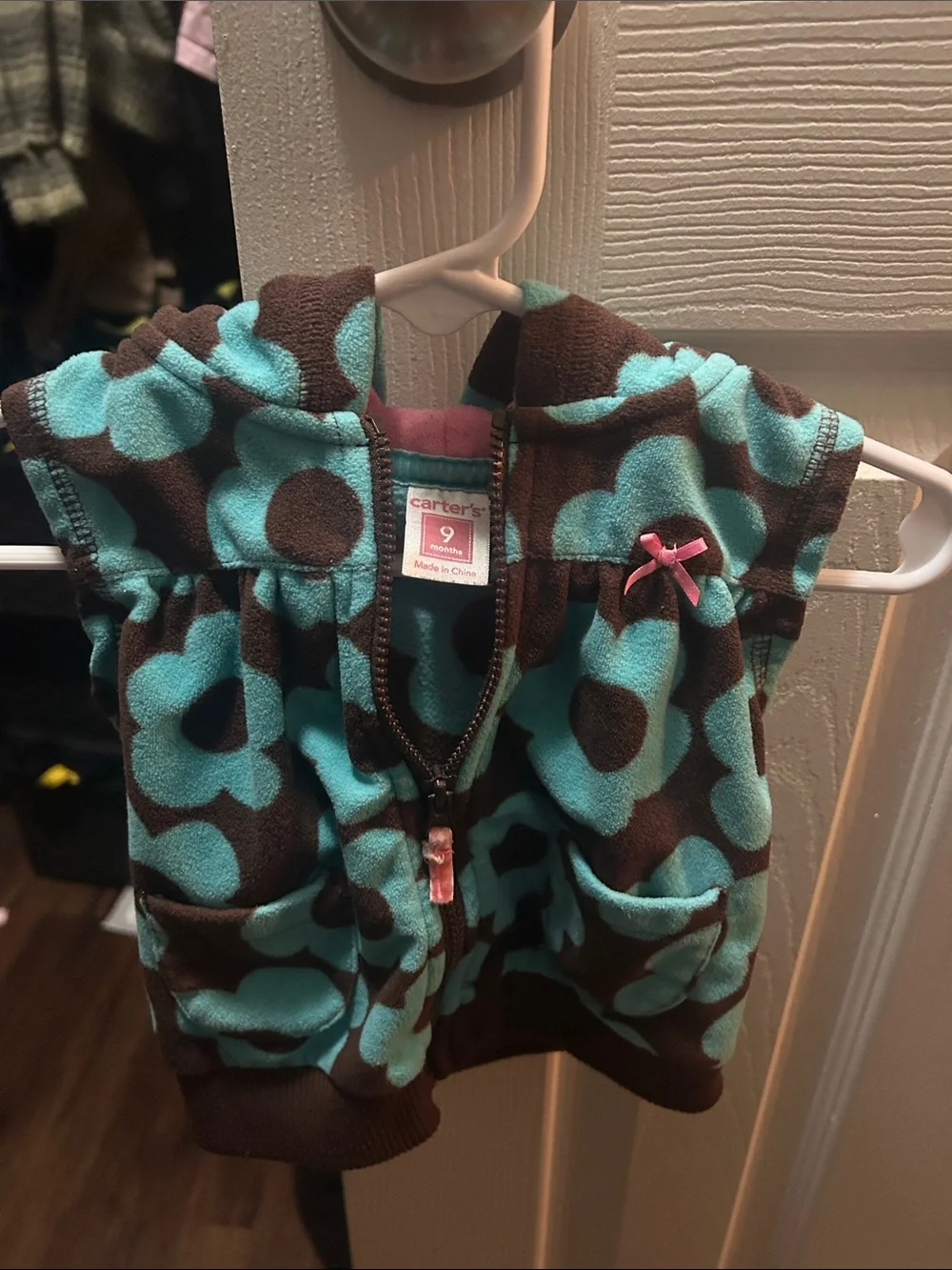 Carter's Brown and Aqua Floral Hooded Fleece Vest with Pink Bow